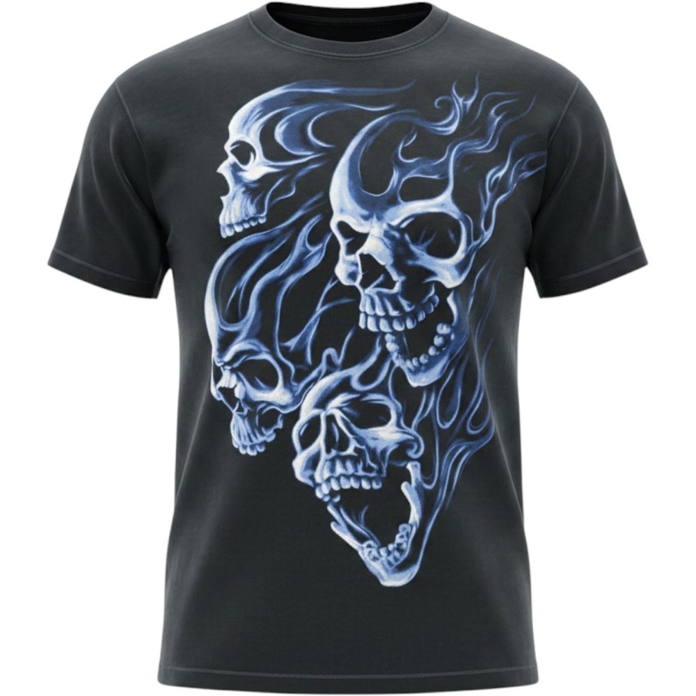 Fruit of the‎ Loom Men 3XL Flaming Skulls Graphic T-Shirt Black Gothic Tee